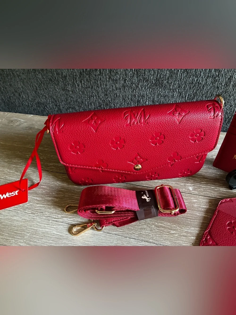 Montana West Red Embossed 4pc Crossbody Wallet Set with Gold Hardware